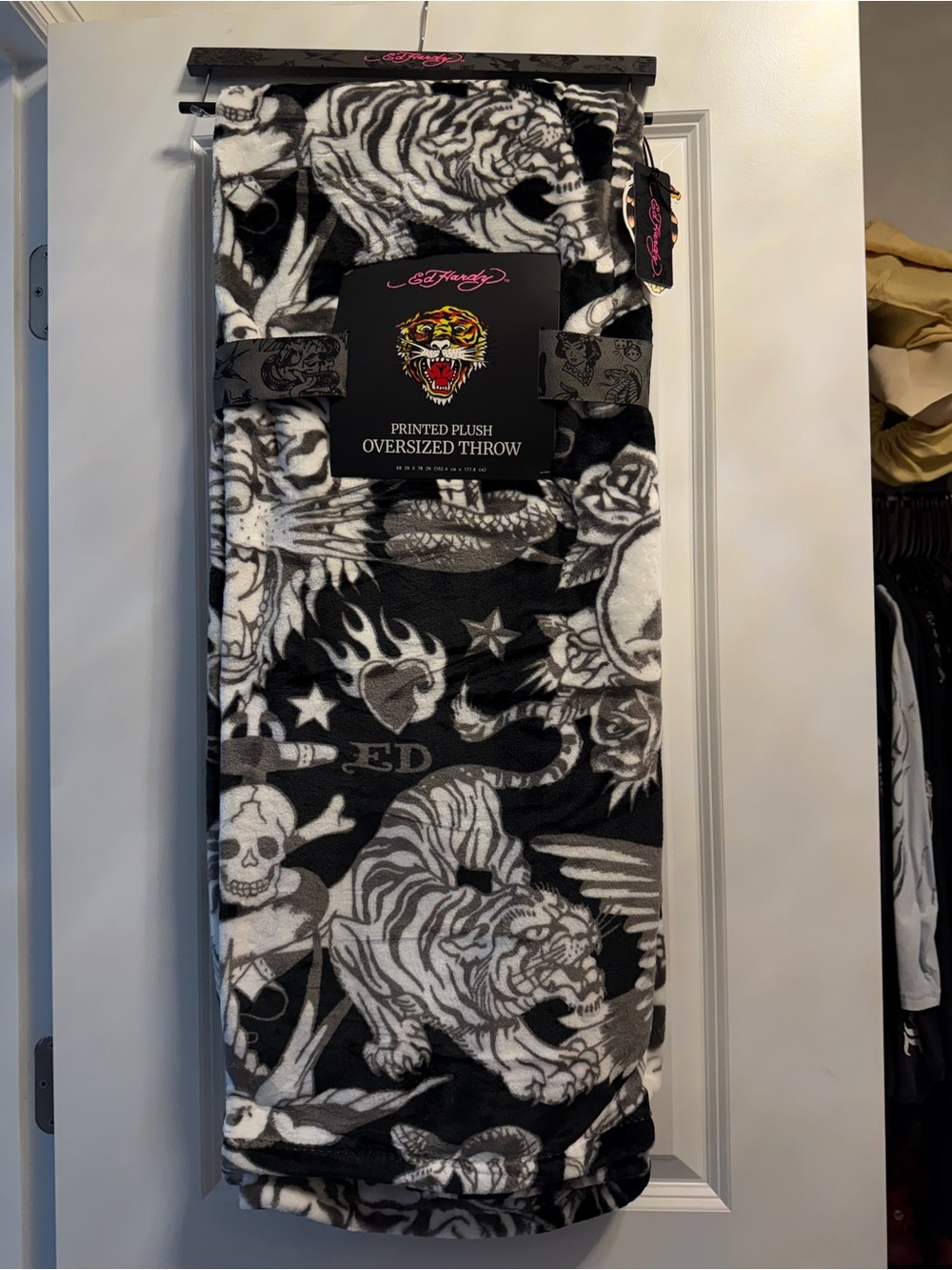 Ed Hardy Black, White & Gray Tiger Graphic Plush Throw
